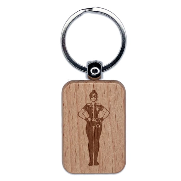 Police Woman Officer Cop Rectangle Keychain Charm Tag - Engraved Wood