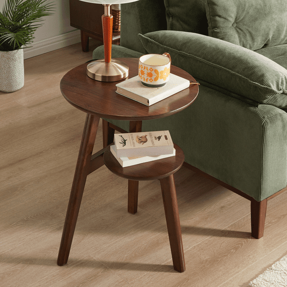 Solid Wood 2-Tier Side Table Sofa Side Table Living Room End Table Bedside Table,Solid Wood Round End Table, 2-Tier Small Side Table with Lower Storage Shelf