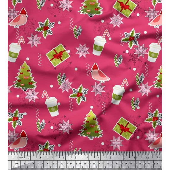 Soimoi Pink Rayon Fabric Coffee Cup,Gift Box & Tree Christmas Decor Fabric Printed Yard 56 Inch Wide
