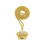 Stone Stud King Royal Crown Micro Pendant with 3mm 18" Rope Chain Necklace, Gold-Tone