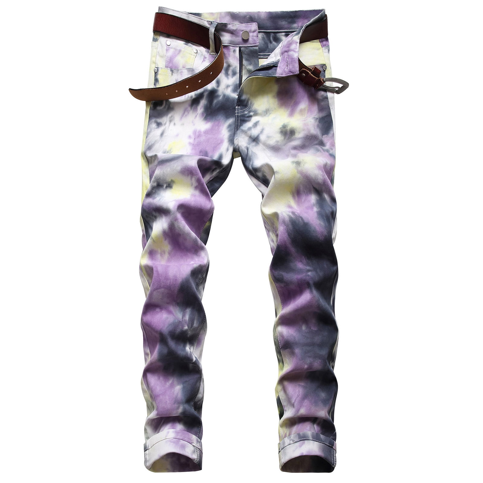 FcBaudy Full Length Pants Jeans Fashion Trend Men's Elastic Slim Tie Elastic Small Straight Leg Jeans Men Polyester Pants
