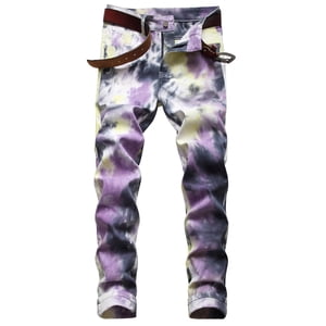 FcBaudy Full Length Pants Jeans Fashion Trend Men's Elastic Slim Tie Elastic Small Straight Leg Jeans Men Polyester Pants