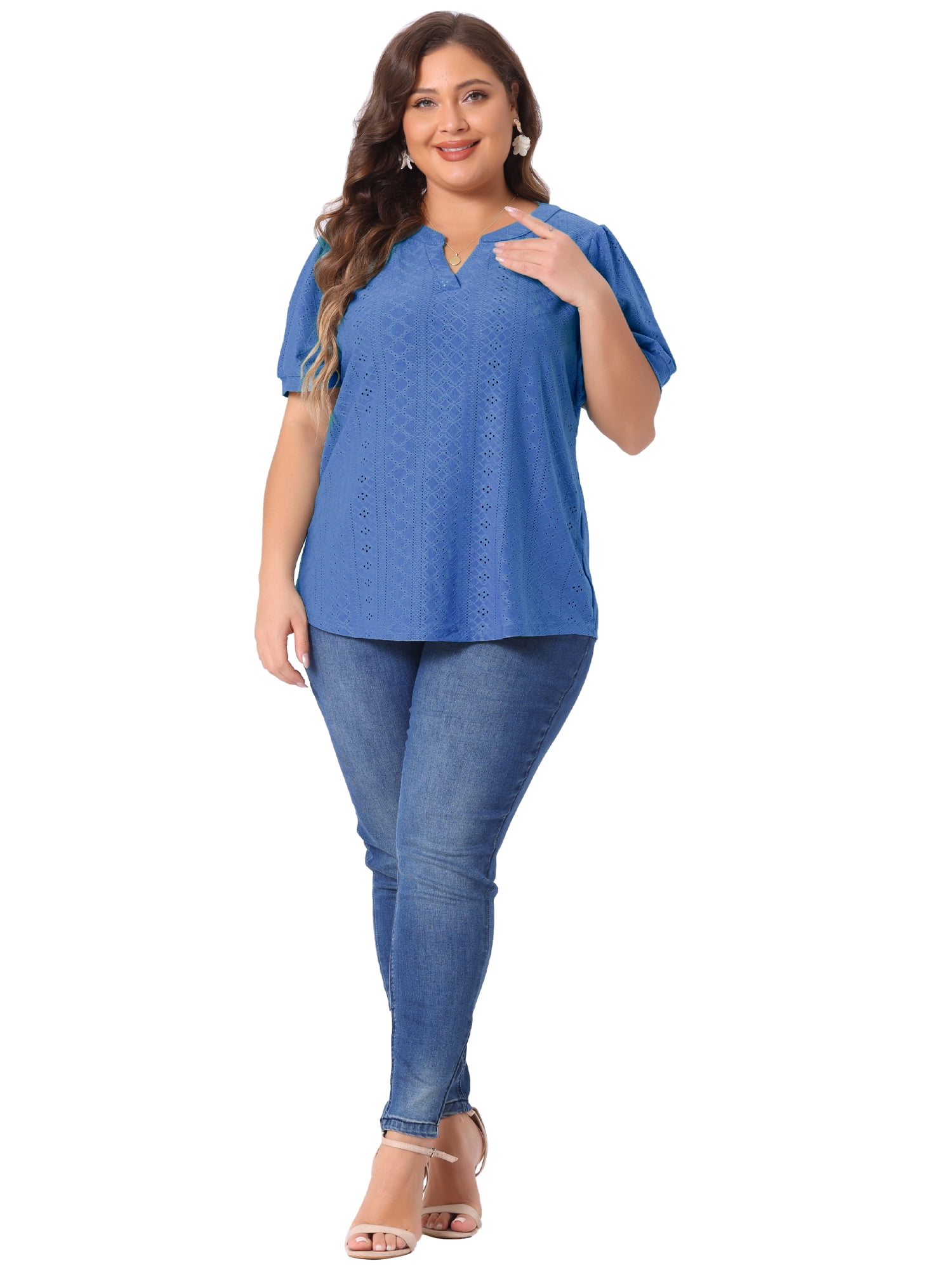 DARING DIVA Women's Plus Tops Hollow Casual V Neck  Summer Blouse Shirts 4X Royal Blue