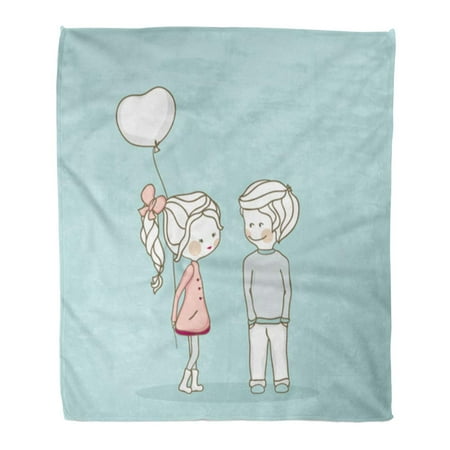 SIDONKU Throw Blanket 58x80 Inches Blue Couple Boy and Girl with Balloon Pink Cartoon Lover Birthday Cute Love Teen Warm Flannel Soft Blanket for Couch Sofa