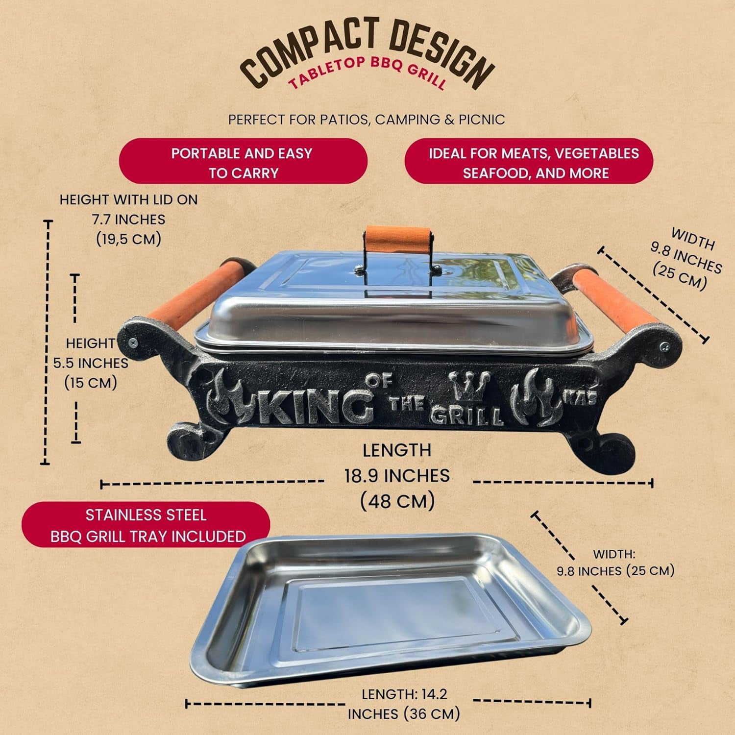 Handmade Cast Iron Tabletop Charcoal Grill & Food Warmer with Stainless Steel Tray, Wooden Handles, and Thermal Protector for Safe, Flavorful Grilling (King of the Grill)