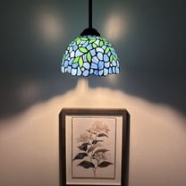 Tiffany Hanging Lamp Blue Stained Glass Green Leaves LED Bulb for Dining Room Island Kitchen 60"H*8"W*8"D
