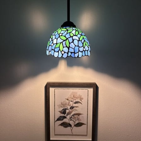 Tiffany Hanging Lamp Blue Stained Glass Green Leaves LED Bulb for Dining Room Island Kitchen 60"H*8"W*8"D