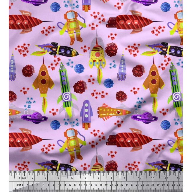 Soimoi Rayon Fabric Rocket,Planet & Astronaut Cartoon Print Fabric by The Yard 56 Inch Wide