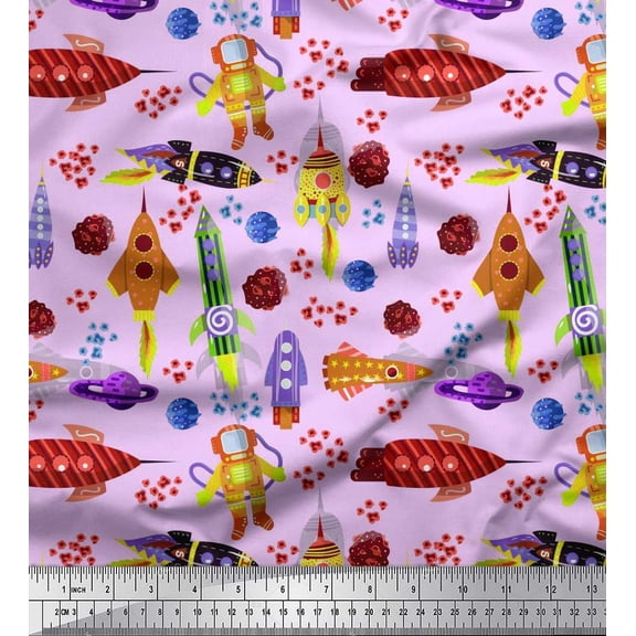 Soimoi Silk Fabric Rocket,Planet & Astronaut Cartoon Fabric Prints by Yard 42 Inch Wide