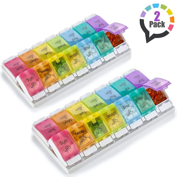 7 Day Pill Organizers - (Pack of 2) Easy Push Button Assisted Open, AM PM  Daily Travel Pill Box Case Planner and Large Compartments for Medication  Vitamins Fish Oil & Supplements, BPA
