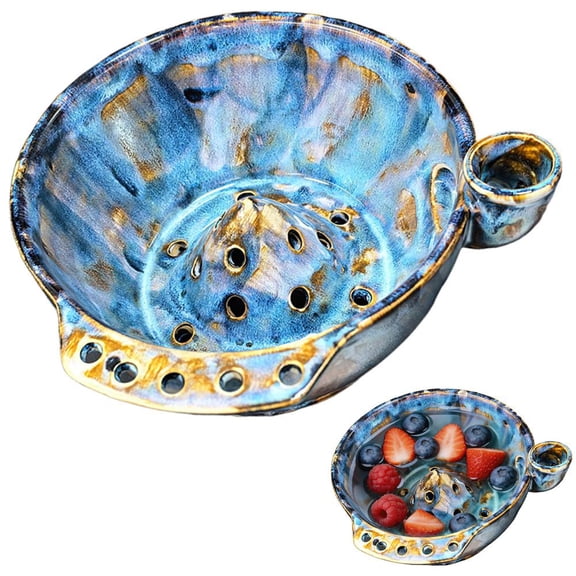 Self Rinsing Berry Washing Ceramic Bowl, Ceramic Berry Basket with Holes Stoneware Fruit Rinse Bowl for Kitchen Counter
