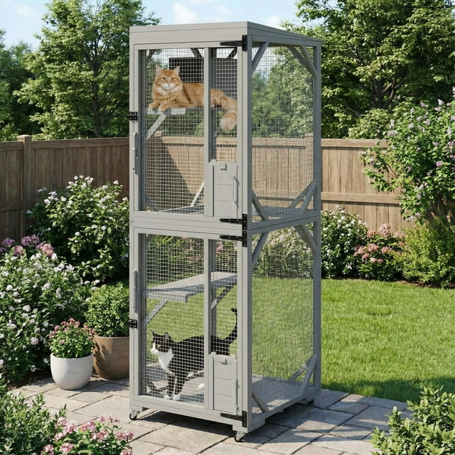 Maison pour Chats d'Extérieur avec 4 Roues, Cage pour Chat à Entrée Piétonne, Enclos Extérieur pour Catio Très Grand