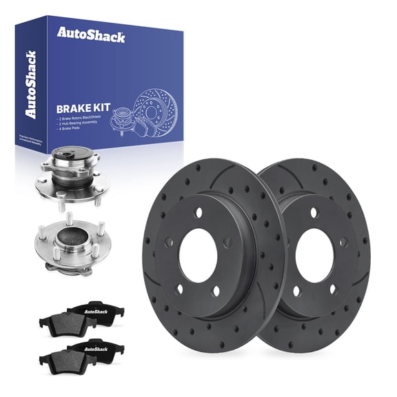 AutoShack Rear Solid Drilled & Slotted Coated Brake Rotors Black Matte Finish   Ceramic Pads   Hub Bearing Assembly 8-PC Brake Kit Replacement for 2005-2012 Mazda 3 BlackShield 10.43" (265 mm)