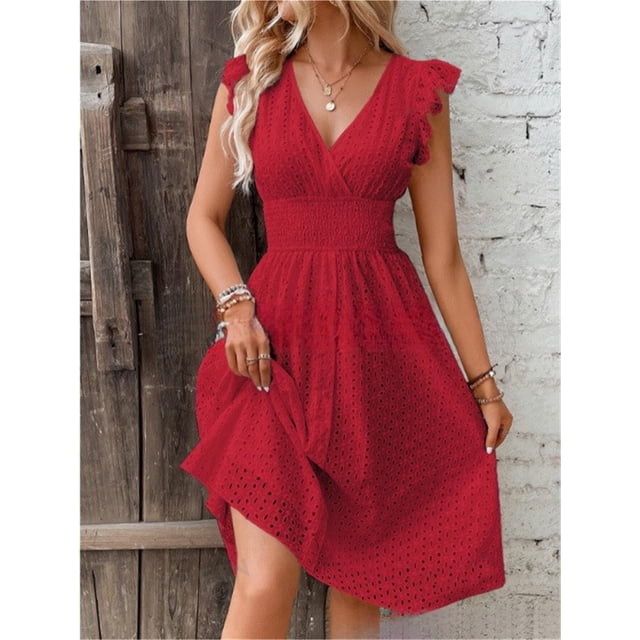 Vestido elegante con mangas de hoja de loto y escote en V.
