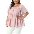thumbnail image 4 of Agnes Orinda Women's Plus Size Valentines Day Tops Textured Square Neck Short Sleeve Flowy Swing Peplum Summer Casual Babydoll Blouses 1X Pink, 4 of 6