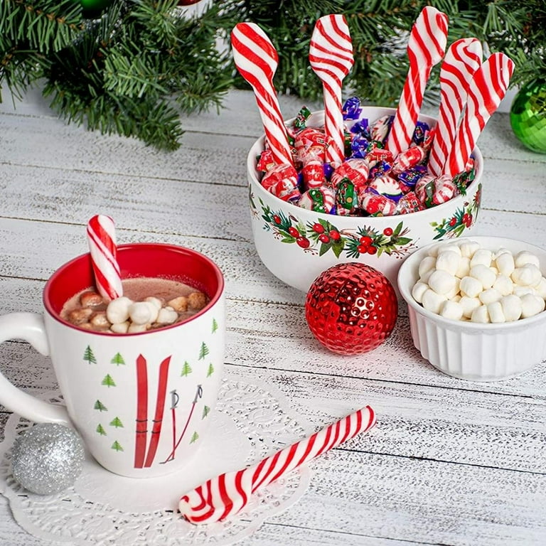 Candy Cane Holiday Mugs Set of 2 - Includes Spoons & Coasters