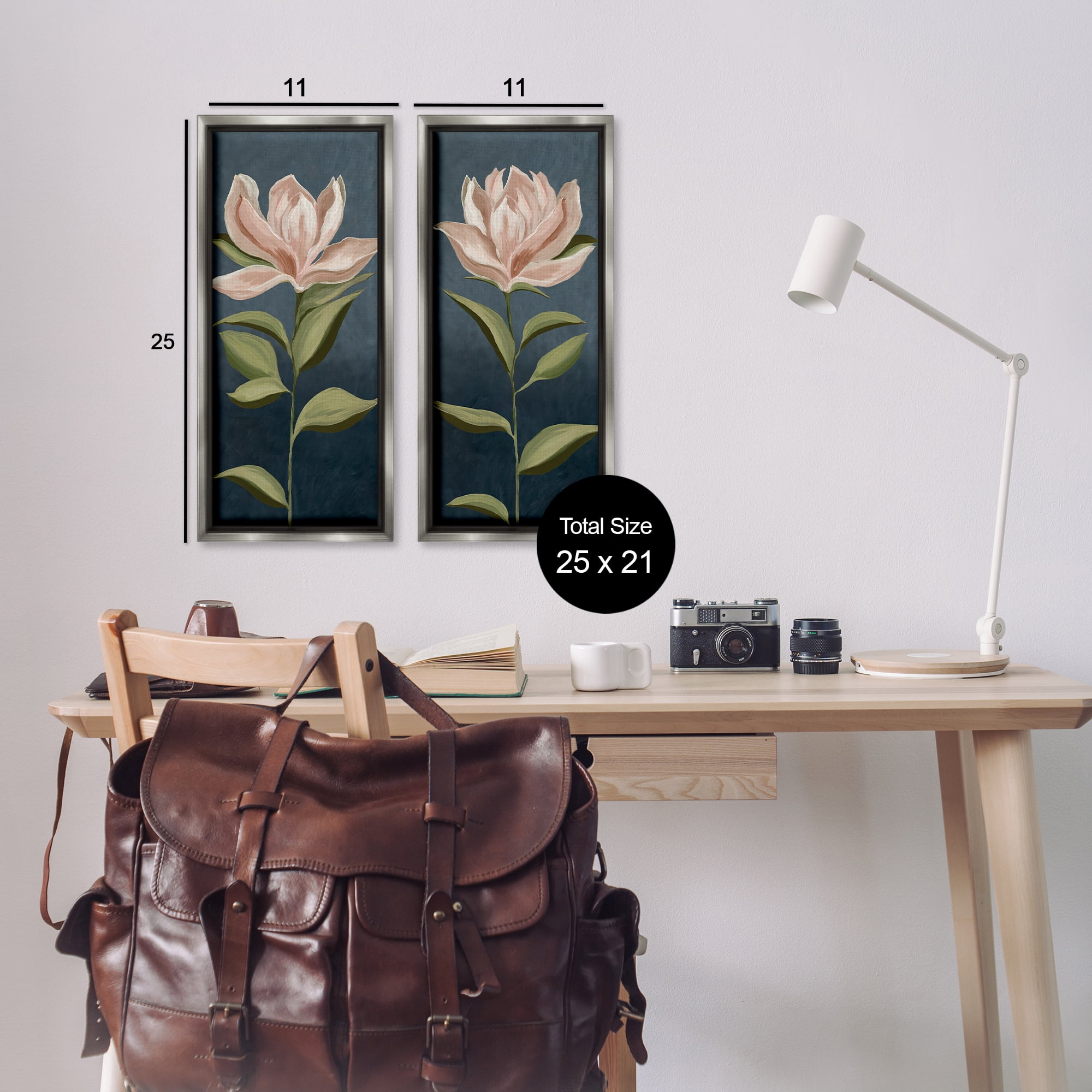 Stupell Industries Pink Petaled Blooms Plants & Flowers Painting Gray Floater Framed Canvas Art Print Wall Art, 11 x 25, Set of 2