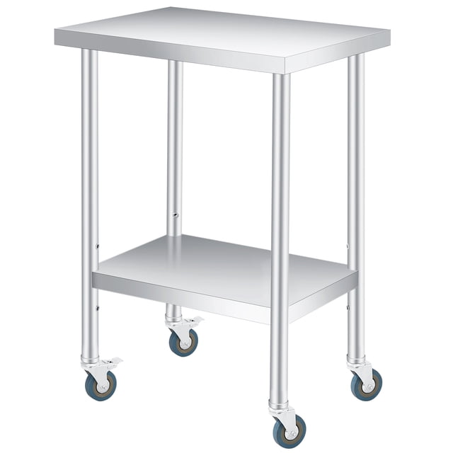 Table d'Appoint de Patio en Acier Inoxydable Robuste - Table de Travail Extérieure à 2 Niveaux avec Tablette Inférieure Réglable, Roues Verrouillables - Durable, Facile à Nettoyer, Polyvalente pour Jardin, Cuisine, Restaurant, Atelier