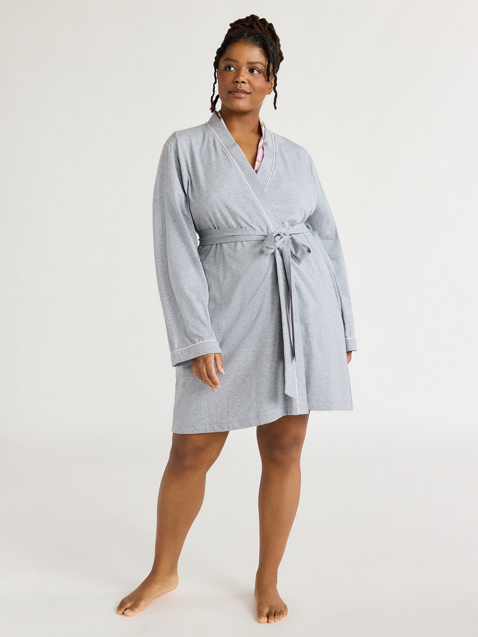 Joyspun Women's Cotton Blend Knit Wrap Robe, Sizes S to 3X