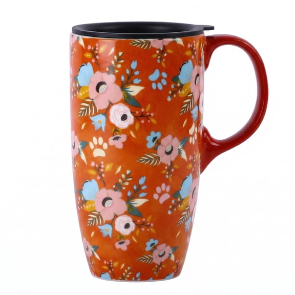 Topadorn Orange Floral Paw Print Ceramic Travel Mug, 17oz, Spill-Resistant Lid, Microwave Dishwasher Oven Safe, Gift Boxed