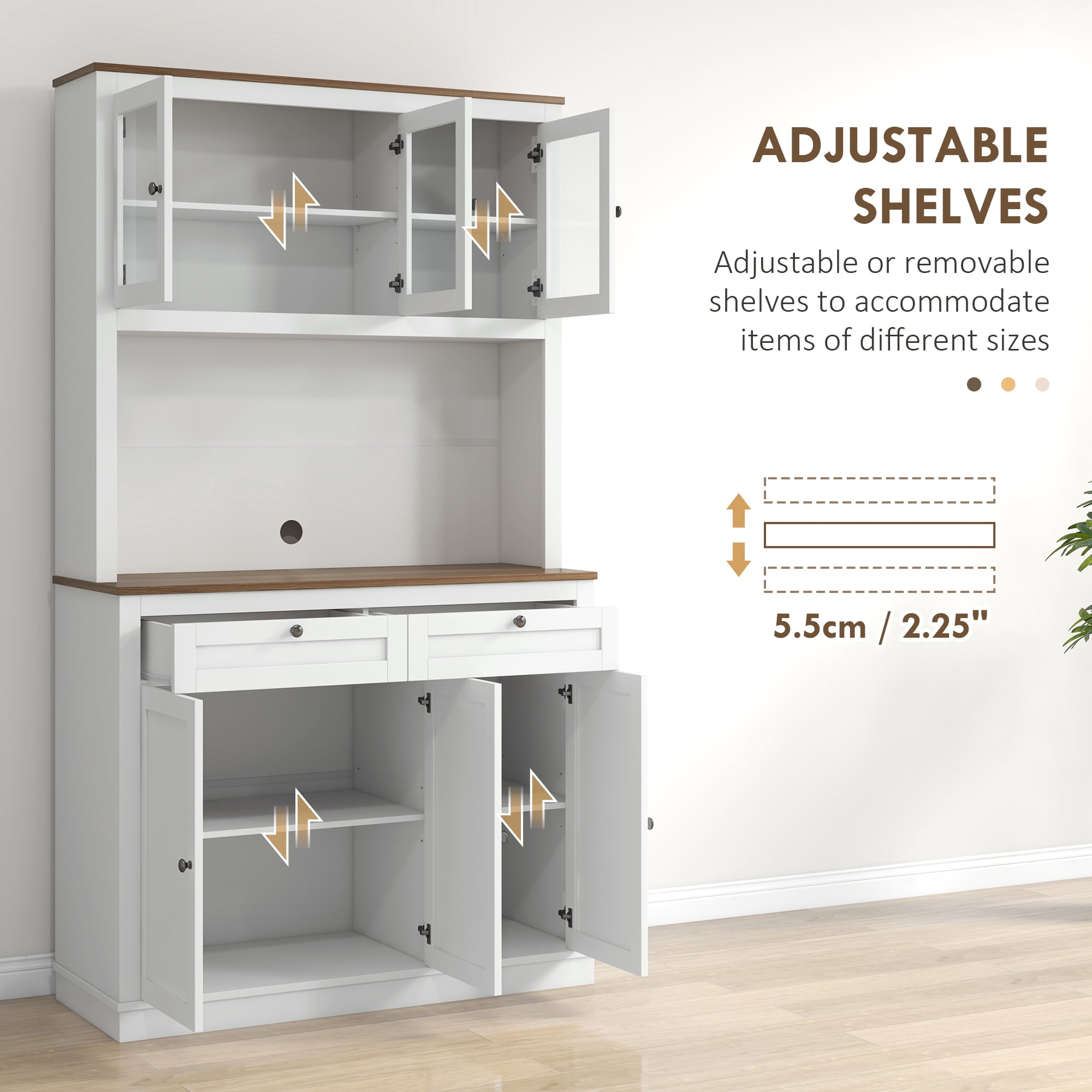 HOMCOM 71" Tall Kitchen Pantry Storage Cabinet with 2 Drawers, Microwave Cabinet with Adjustable Shelves and Glass Doors, White