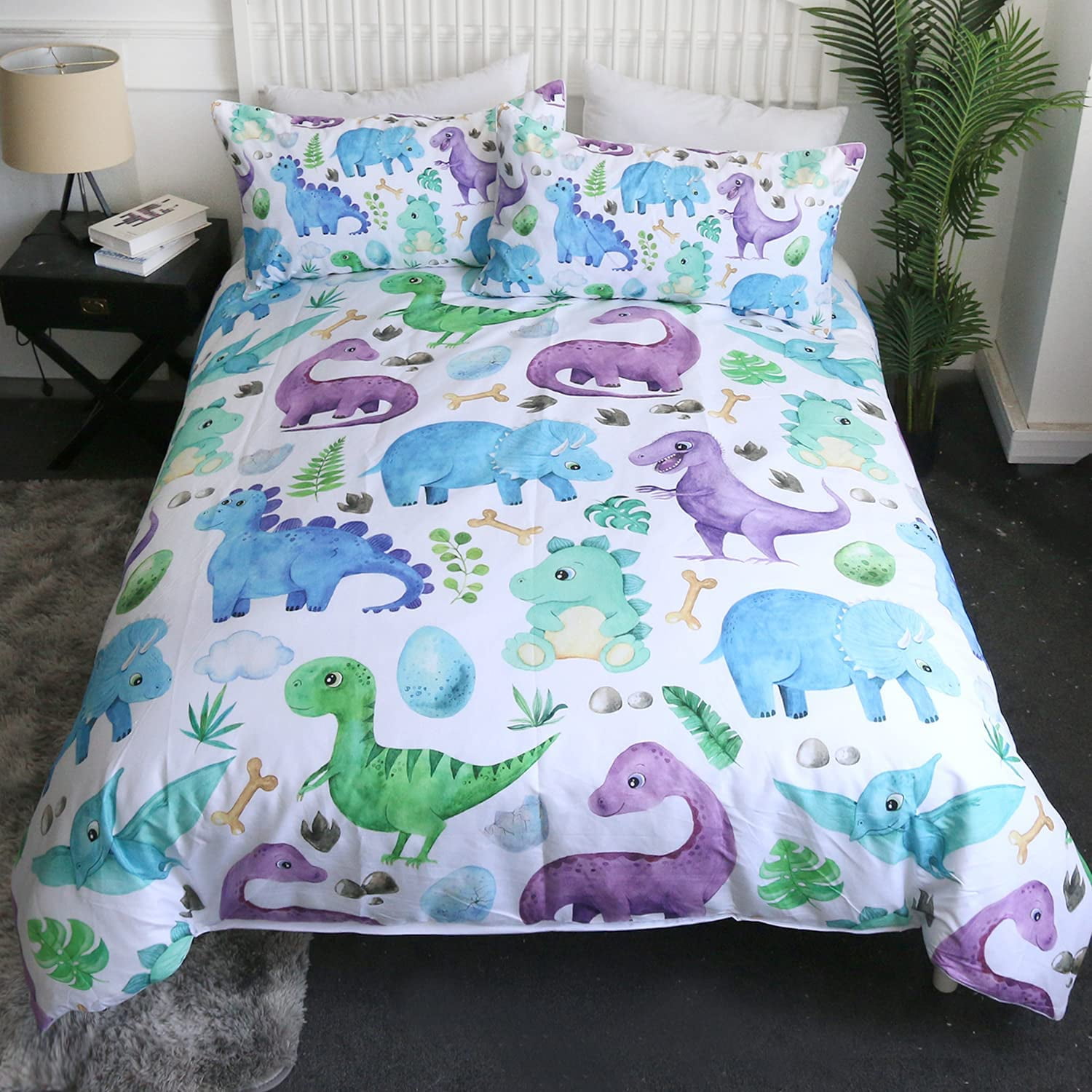 Full Dinosaur Bedding Set 3 Piece Watercolor Cartoon Dino Duvet Cover And  Pillowcases Pastel Blue Purple And Green Kids Boys Soft Bed Set -  