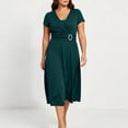 thumbnail image 5 of Women's Plus Size V Neck Short Sleeve Midi Dress, High Waist Flared A-Line Solid Vintage Swing formal Dress Army Green XXL(XXL), 5 of 6