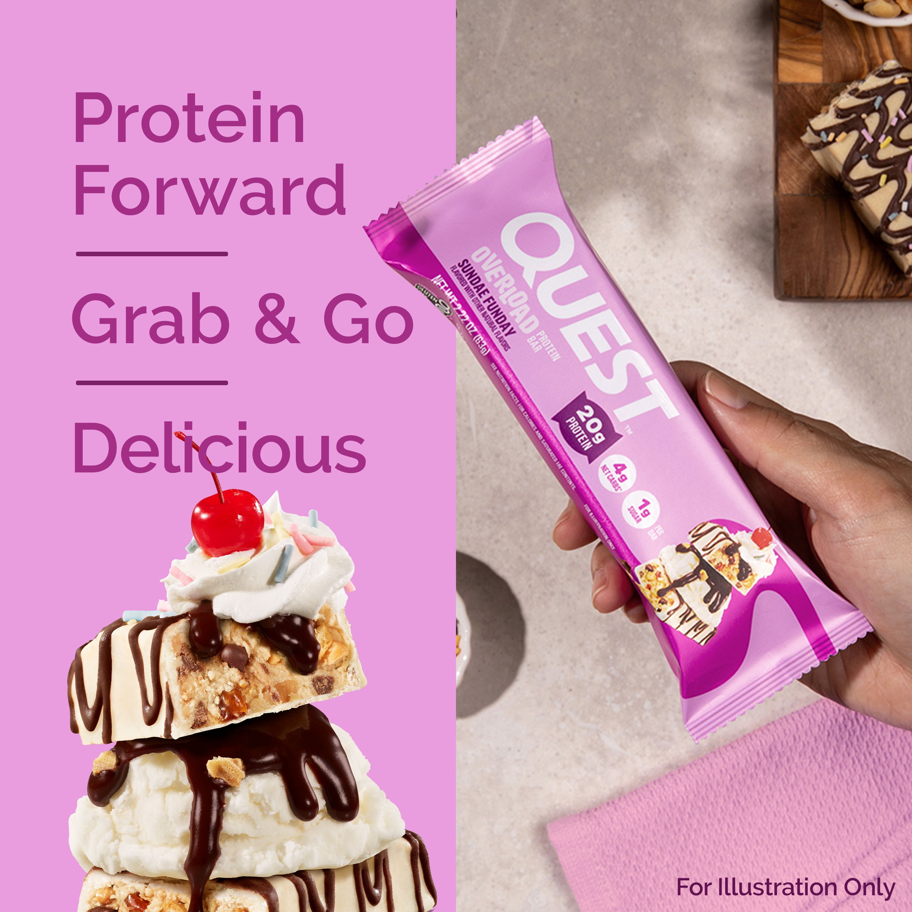 Quest Overload 20g Protein Bar, Sundae Funday Flavor, Protein Bars, Gluten-Free, 4 Count