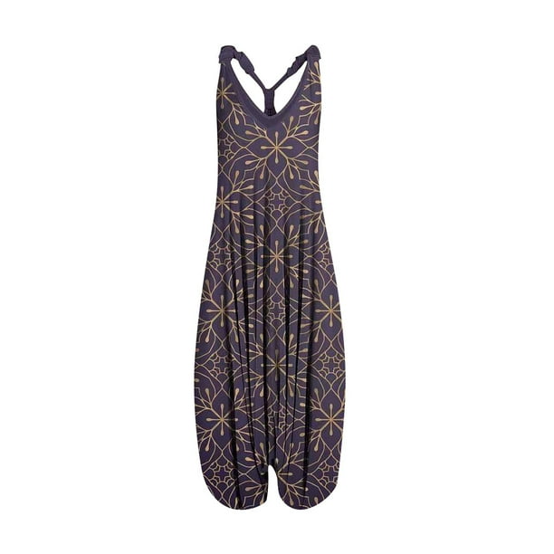 Mono sin mangas con cuello en V sin espalda con estampado Vintage informal Sexy a la moda para mujer Pompotops ulkah941046