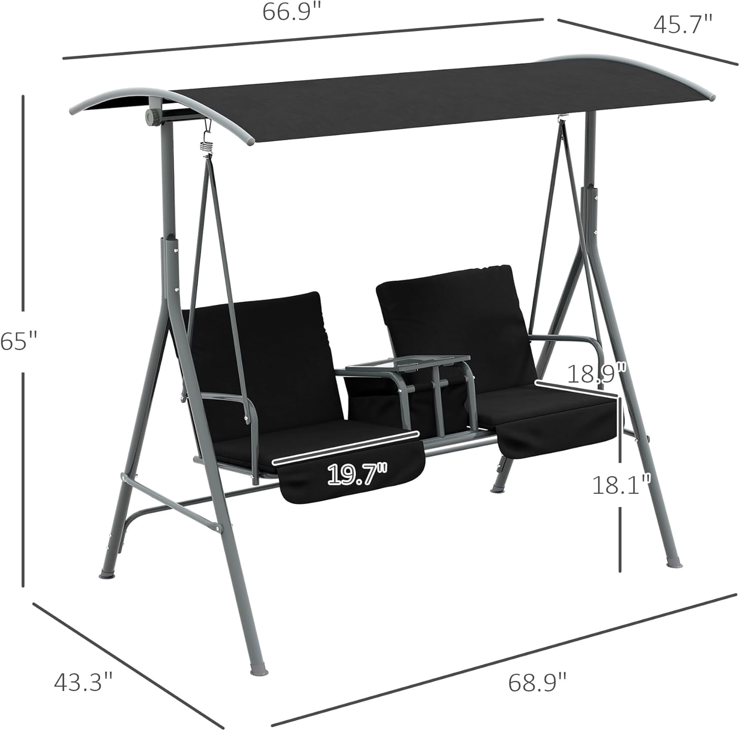 JessieMal 2 Person Porch Swing with Stand, Outdoor Swing with Canopy, Pivot Storage Table, 2 Cup Holders, Cushions for Patio, Backyard, Black