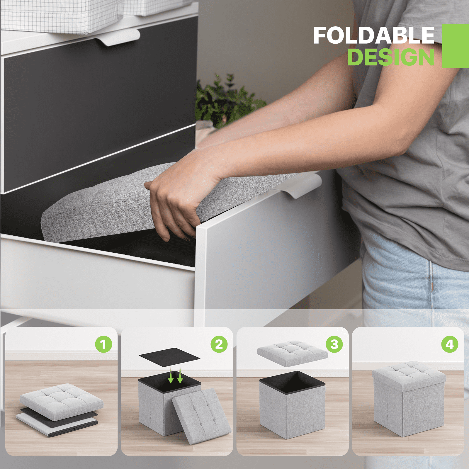 Magshion 15" Cube Folding Ottoman with Storage, Cotton-linen Collapsible Storage Ottoman Foot Stool, for Living Room Bedroom Entryway, Light Gray