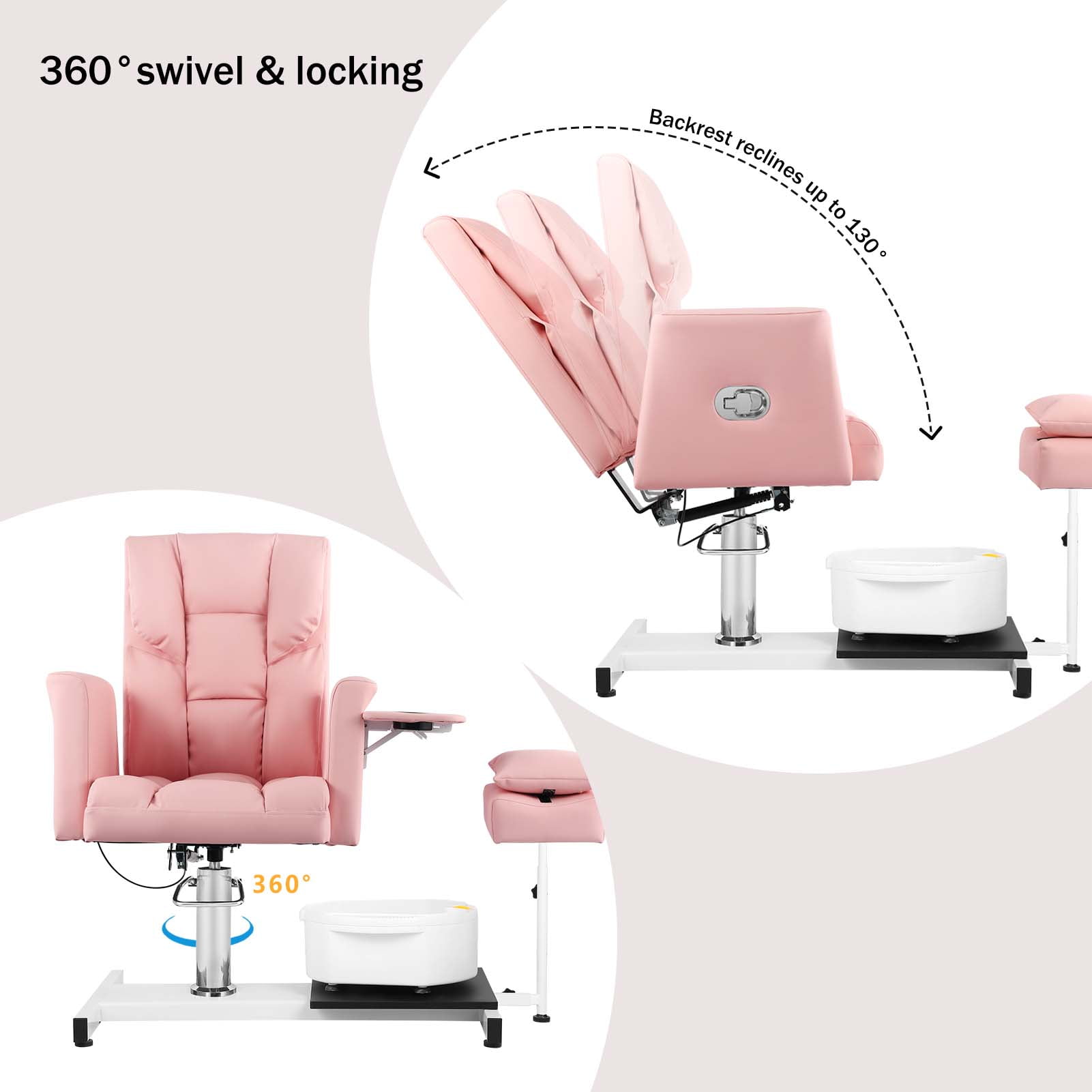 Reclining Pedicure Chair with Foot Bath, No Plumbing Spa Pedicure Station for Nail Tech, 360° Swivel Adjustable Pedicure Unit with Stool