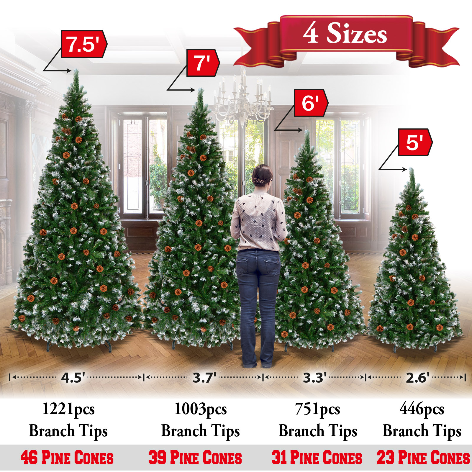 Sunrise Artificial 7' Snow Tipped Christmas Tree with Pine Cones and Steel Stand -Unlit (7' with 1003 Tips and 39 pinecones)