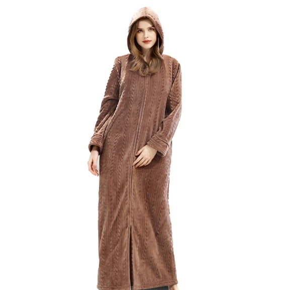 Bathrobes For Women Zipper, Dressing Gown Bathrobes For Womens With Hooded Long Robes Warm Nightgowns Flannel Nightdress Sleepwear, Pajamas For Ladies Women's Men's Cozy Bathrobe