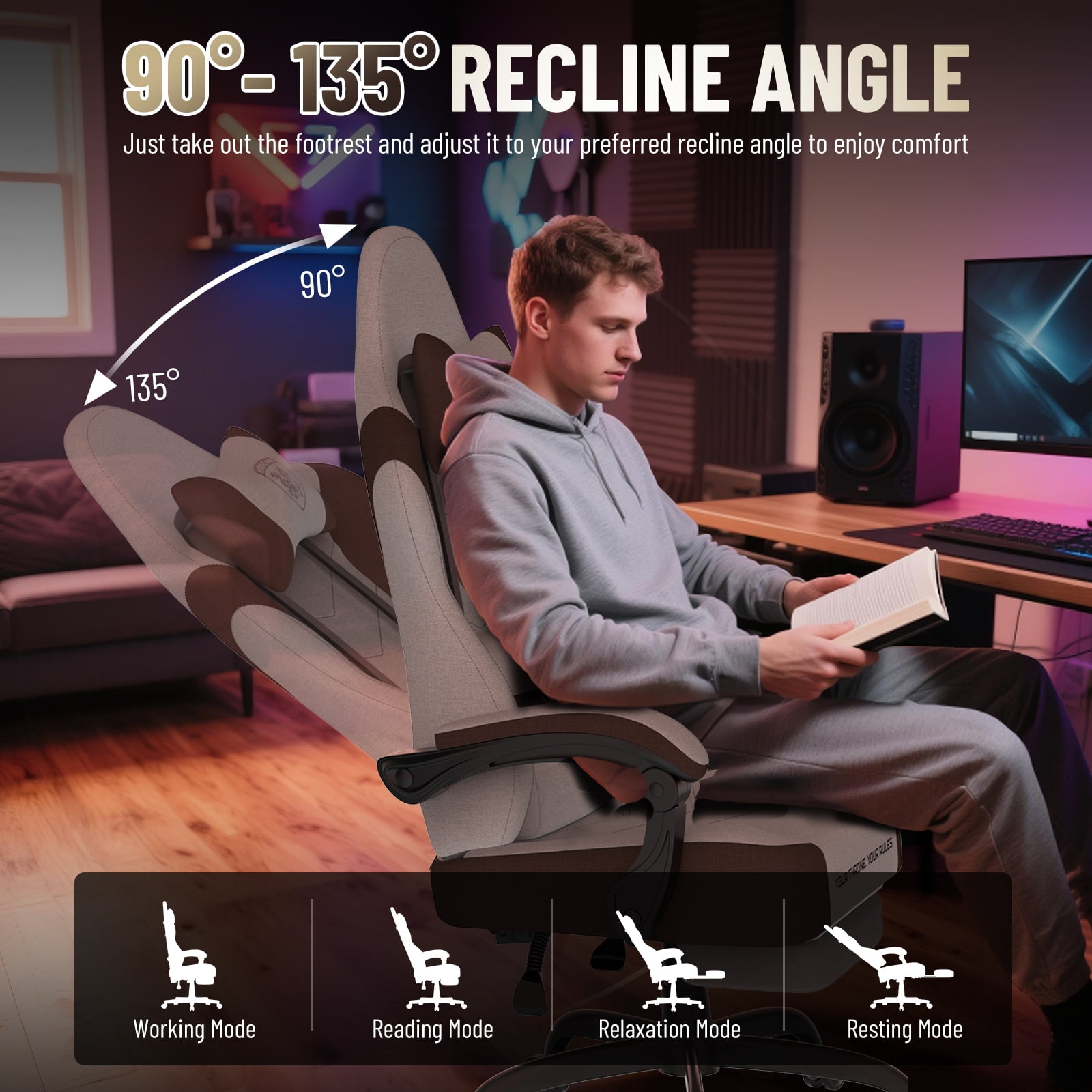 SOONTRANS Gaming Chair for Adults, Ergonomic Linen Fabric Computer Chair with Massage Lumbar Pillow, Gamer Game Chair with Adjustable Headrest, Comfortable Office Chair for Home, Beige and Brown