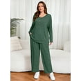thumbnail image 3 of SHOWMALL Women's Plus Size 2 Piece Comfy Outfit Set – Long Sleeve Lounge Set Green 4X Ribbed Knit Top and Pants, Perfect for Daily Casual Wear, 3 of 8