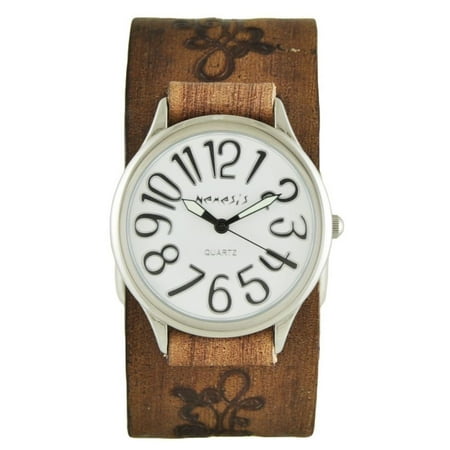 - White/Black Always Summer Watch with Faded Light Brown Embossed Flower Design Leather Cuff Band