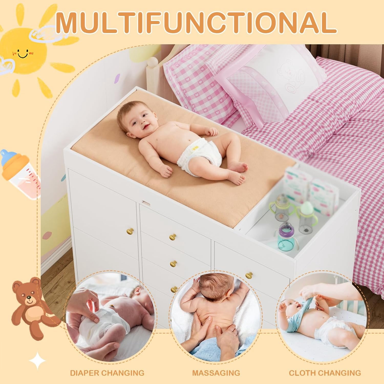 PAKASEPT 43.3" W Changing Table Dresser with Changing Table Top, Baby Nursery Dresser with 8 Drawers and 2 Cabinet, Diaper Changing Station