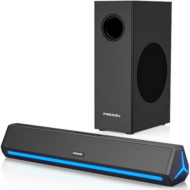 Passau Barra de Sonido para TV, Barra de Sonido pequeña estéreo HiFi de 2.1 Canales con Graves Profundos, conexión Bluetooth/AUX/HDMI(ARC)