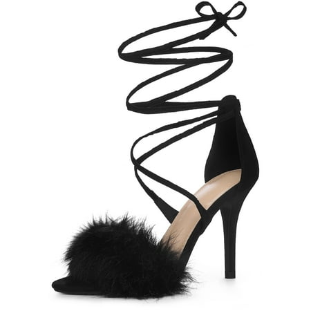 

Unique Bargains Women s Lace Up Heels Faux Fur Stiletto High Heel Sandals