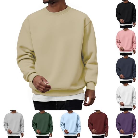 Men's Solid Color Crewneck Sweatshirt, Long Sleeve Cotton Casual Pullover for Everyday Wear, Minimalist Style,Black,L