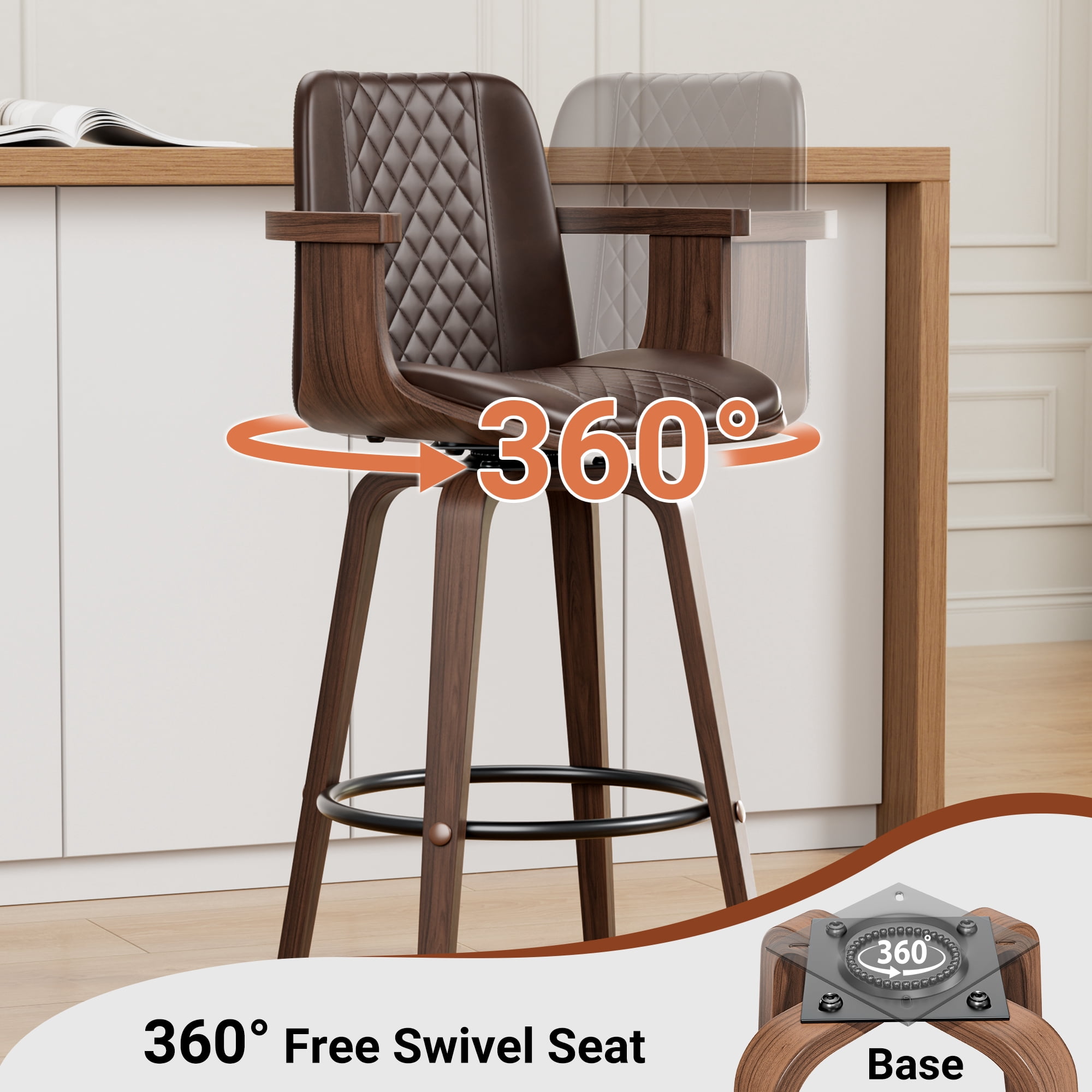 LainTene Bar Stools Set of 4, 26" Bentwood Barstools with Arms High Back, Mid-Century Modern Counter Height Swivel Bar Chairs for Kitchen Island