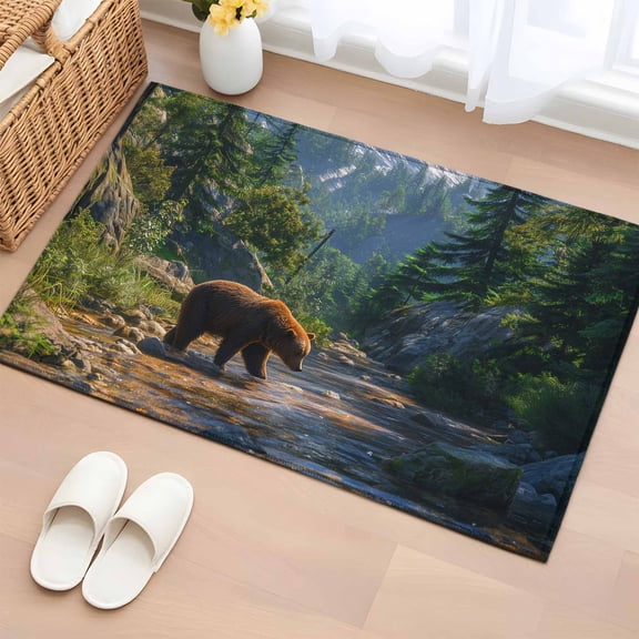 Entryway Rug 2'x3', Forests Bears Small Rug for Kitchen Bathroom Door Mat Indoor Entrance, Modern Art Mountain Animals Watercolor Non-Slip Area Rugs Floor Mats Carpet Front Door Rugs