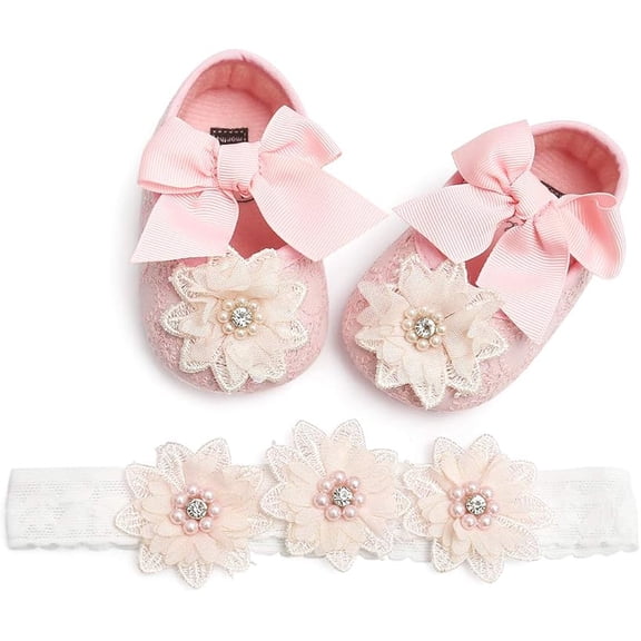 Baby Girls Mary Jane Flats with Bowknot Flowers Princess Wedding Dress Ballet Shoes Non-Slip Toddler First Walkers Newborn Crib Shoes
