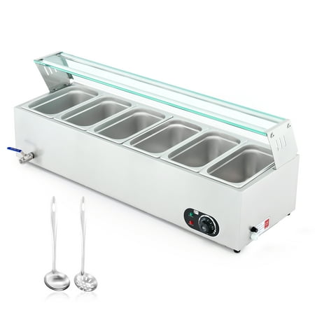 

Wilprep Commercial Food Warmer w 6 Stainless Steel Pans Lids Glass Shelf Buffet Server