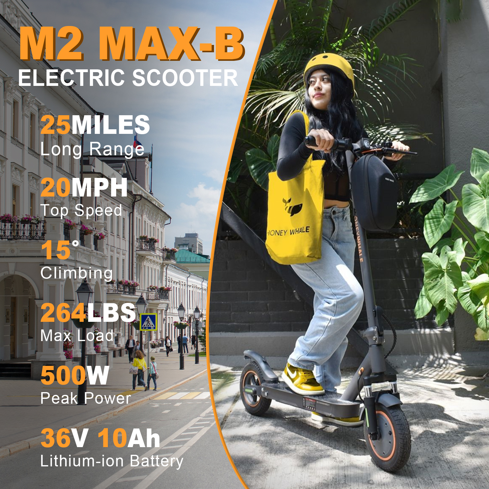 HONEYWHALE M2MAX-B Electric Scooter for Adults with Seat, Max 25 mile Range and 20 Mph Speed, 10" Pneumatic Tires, 500W Foldable E-scooter