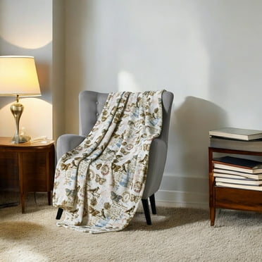 Serafina Home Decorative Love Birds Throw Blanket: Elegant Birds Butterflies Toile Postal Design Accent for Couch or Bed, Colors: Taupe Aqua Pink White