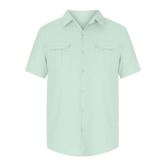 YANGXINX Men's Shirt 2026 Linen Solid Color Short Sleeve Button Down Collared Tops with Pockets Comfortable Breathable Slim Fit Business Wear