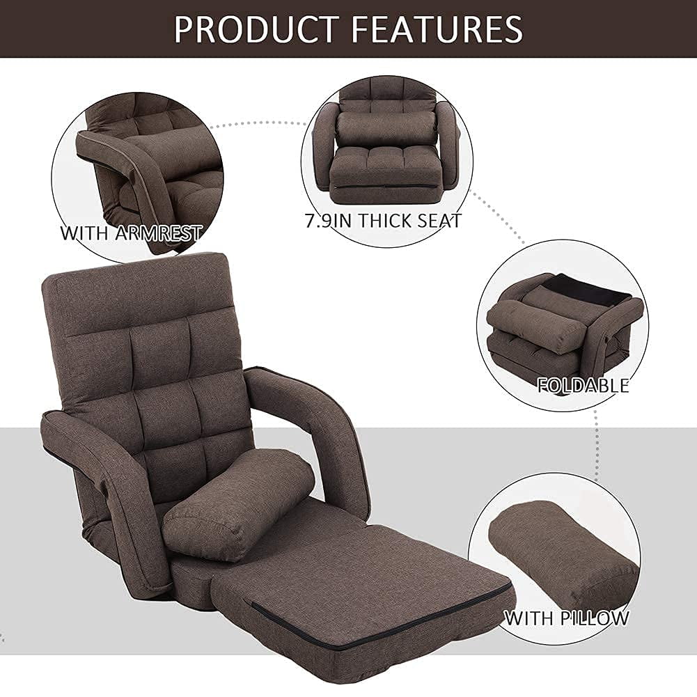 14-Position Adjustable Floor Chair, Chaise Lounge Indoor, Folding Lazy Sofa with Armrests and a Pillow Padded Adults Gaming Chairs for Living Room, Bedroom