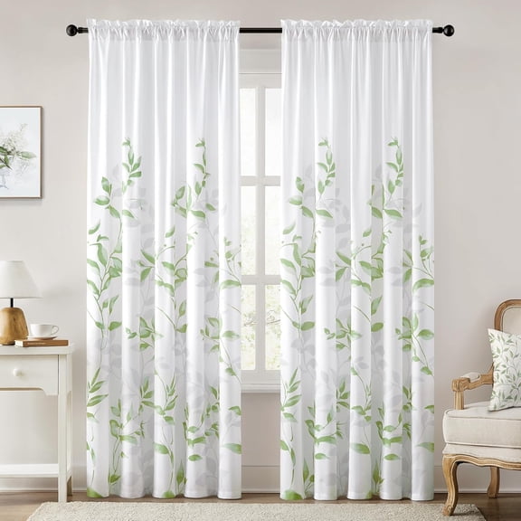 Non-See-Through Sage Green and White Privacy Sheer Curtains 52 X 84 Inch Length 2 Panels, Leaf Floral Printed Light Filtering Semi Sheer Window Curtains Drapes for Bedroom Living Room